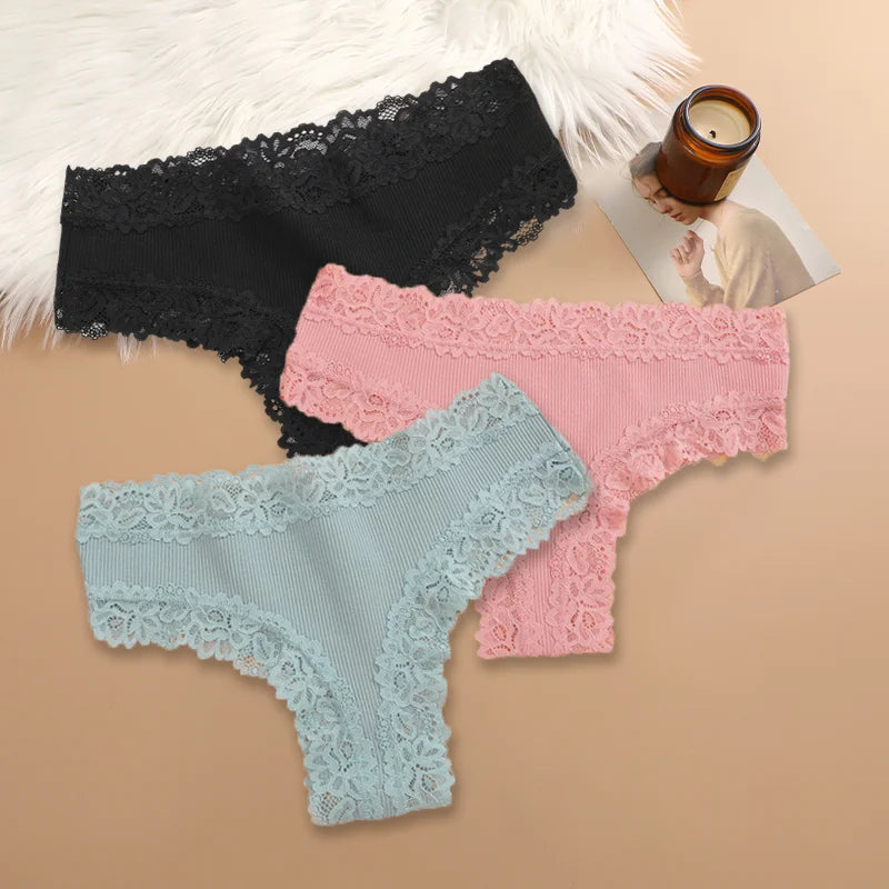 Women Cotton Panties Set 3 Pieces Floral Lace Patchwork Briefs Breathable Soft Underwear Size S XL