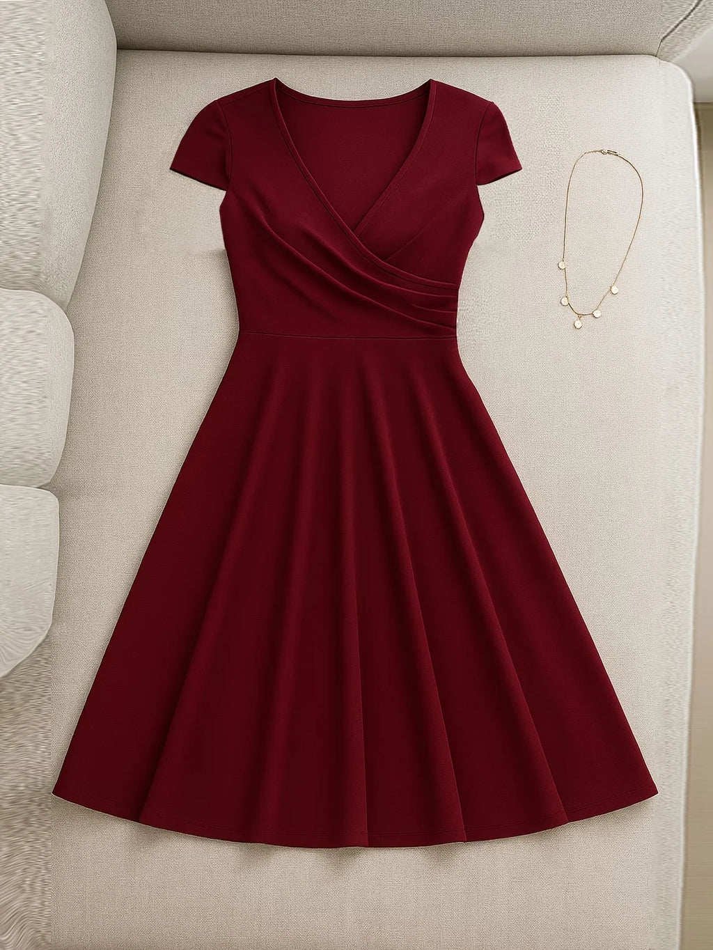 Women's Elegant Round Neck Summer Short Sleeve Solid A-Line Knee-length Dress High Waist Swagger Party Wedding Casual Departure