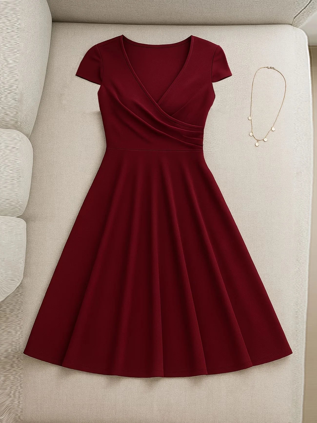 Women's Elegant Round Neck Summer Short Sleeve Solid A-Line Knee-length Dress High Waist Swagger Party Wedding Casual Departure