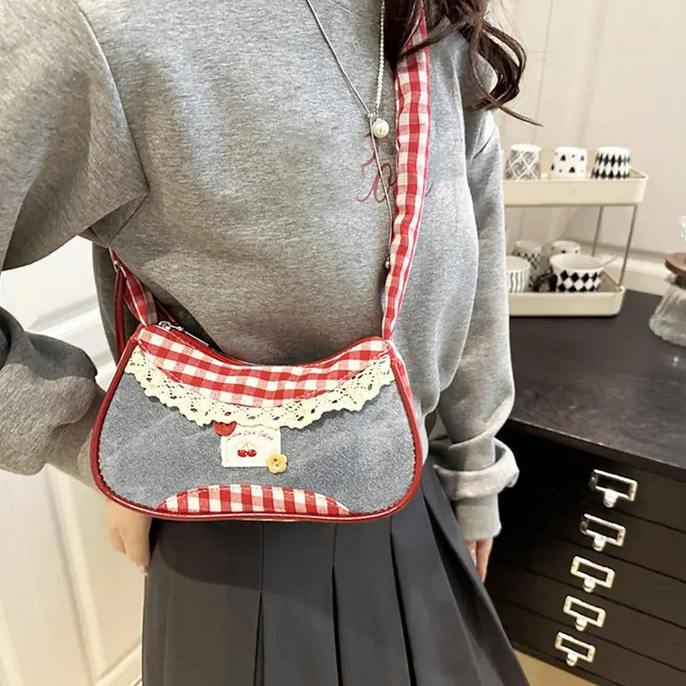 Fashion Grid Women Bag Lace Ribbon Stretchable Shoulder Strap Single Shoulder Underarm Bag Daily Commuting Student Handbag
