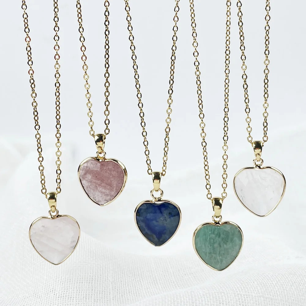 Natural Crystal Stone Heart Shaped Pendant Necklace For Women'S Stainless Steel Chain Strawberry Quartz Pendulum Choker Jewelry