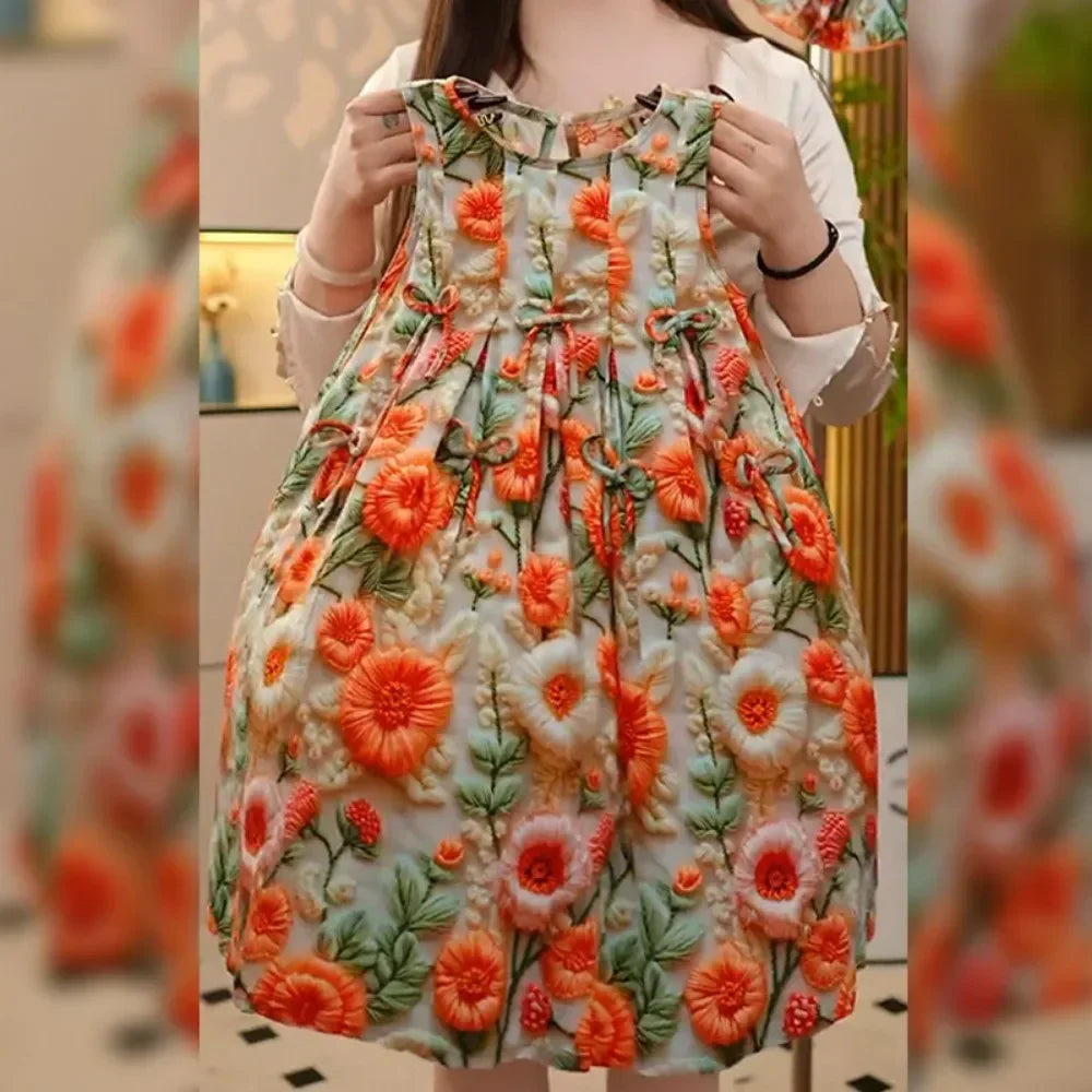 Summer Korean Version Girls Fashion Retro Flower Print Sleeveless Dress 1 Pc 2-7 Years Children Vacation Casual Cute Clothing