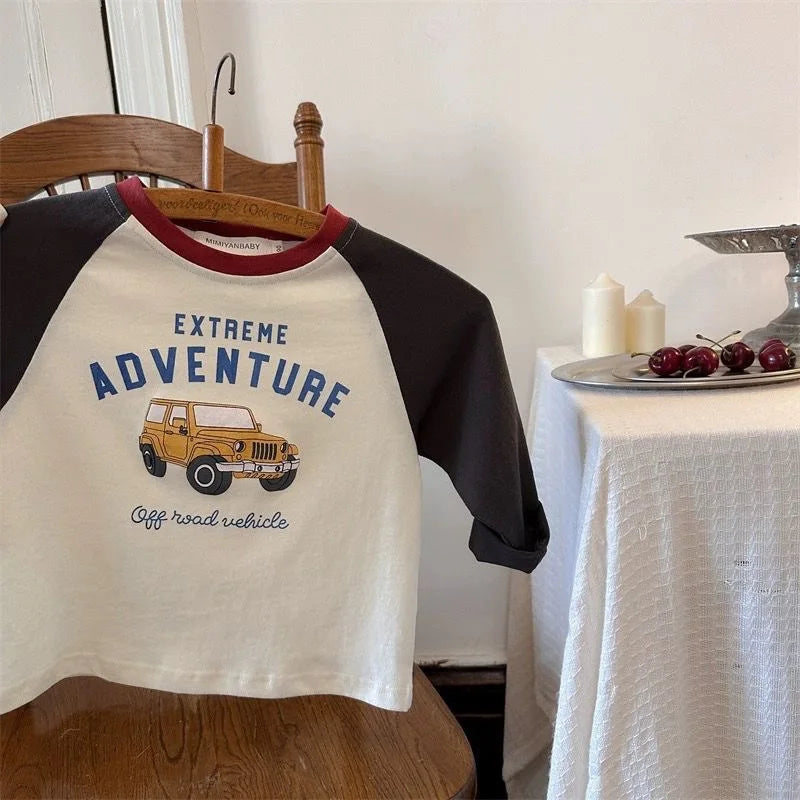 Boys Cartoon Print Cotton T-Shirt - Long Sleeve Raglan Toddler Top