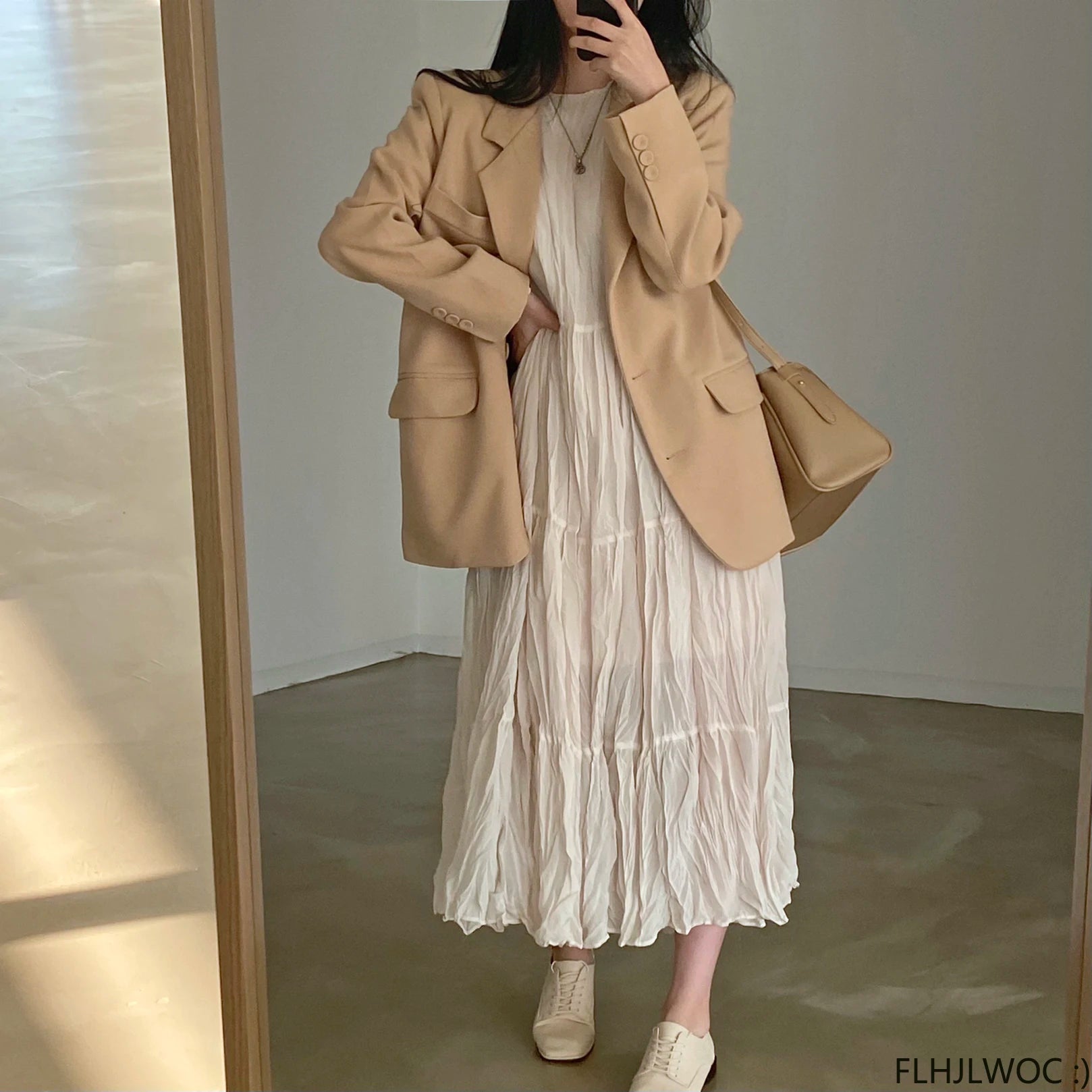 Autumn Spring Wrinkle Loose Dresses New Hot Women Cute Japan Style Retro Vintage Girls Holiday Casual Solid Apricot White Dress