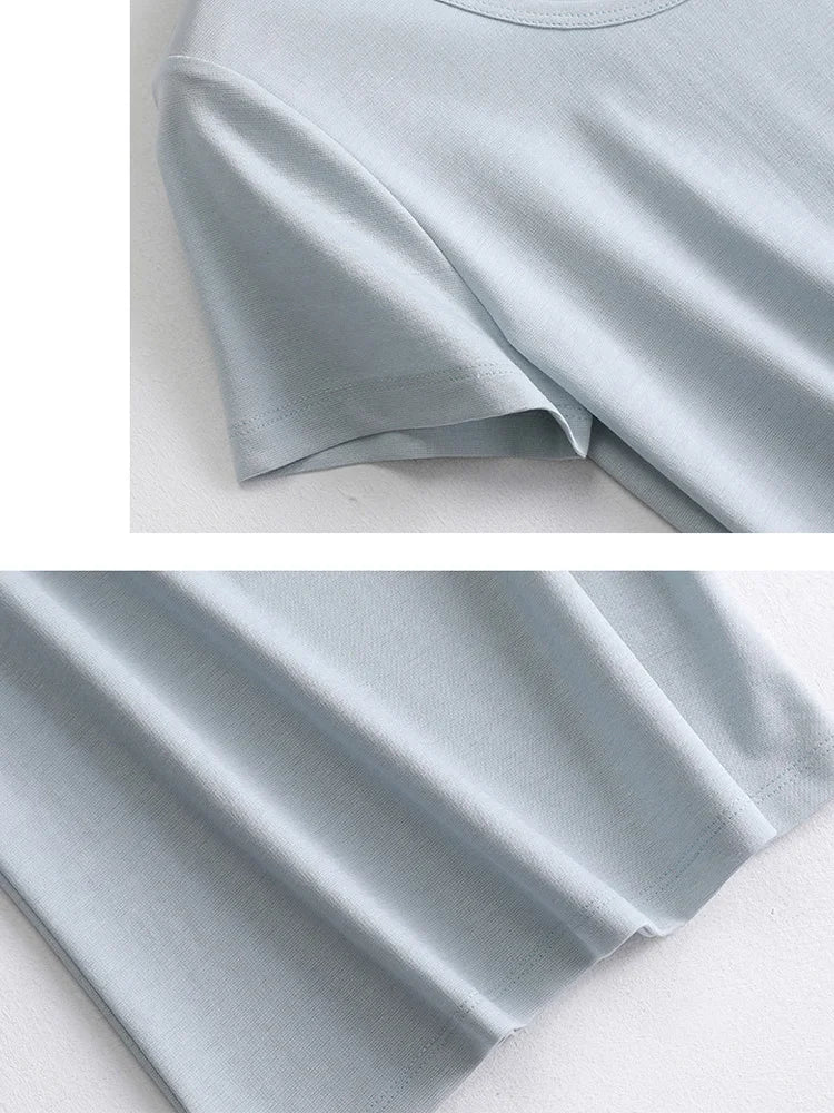 SuyaDream 2022 Woman Summer Tee Silk Acetate Blend U Neck Slim Waisted Solid Cosy T Shirt Candy Colors Top