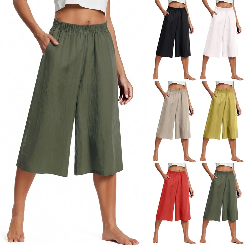 Women's High Waisted Wide Leg Pants - Casual Loose Cropped Trousers