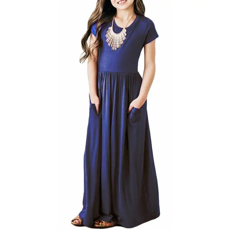 Summer Girls New Solid Color Short Sleeved Long Dress Beach Party Birthday Casual Fashion Show Versatile A-Line Dress
