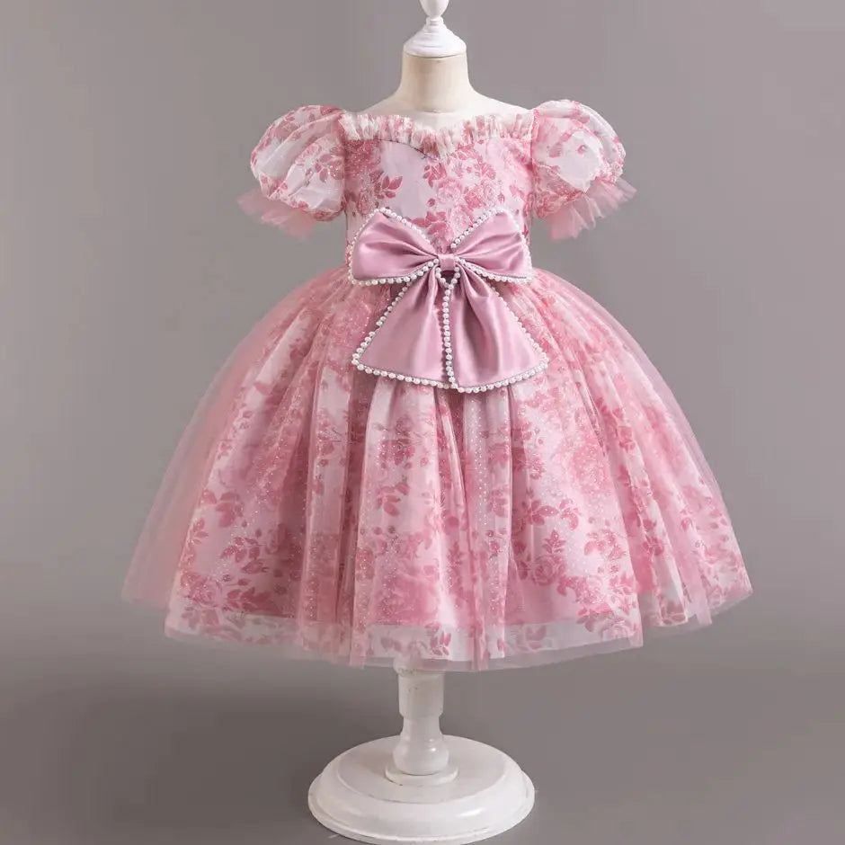 HETISO Princess Dress for Girls Beaded Bow Floral Lace Tulle Tutu Skirt Wedding Birthday Party Prom Gown Ages 2-10