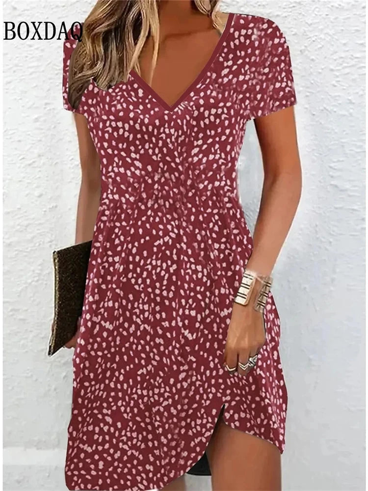 Women'S'S Casual Sundress Loose Summer Boho Beach Dress Floral Printed For Women'S Dress Retro V Neck Short Sleeve Plus Size Dresses