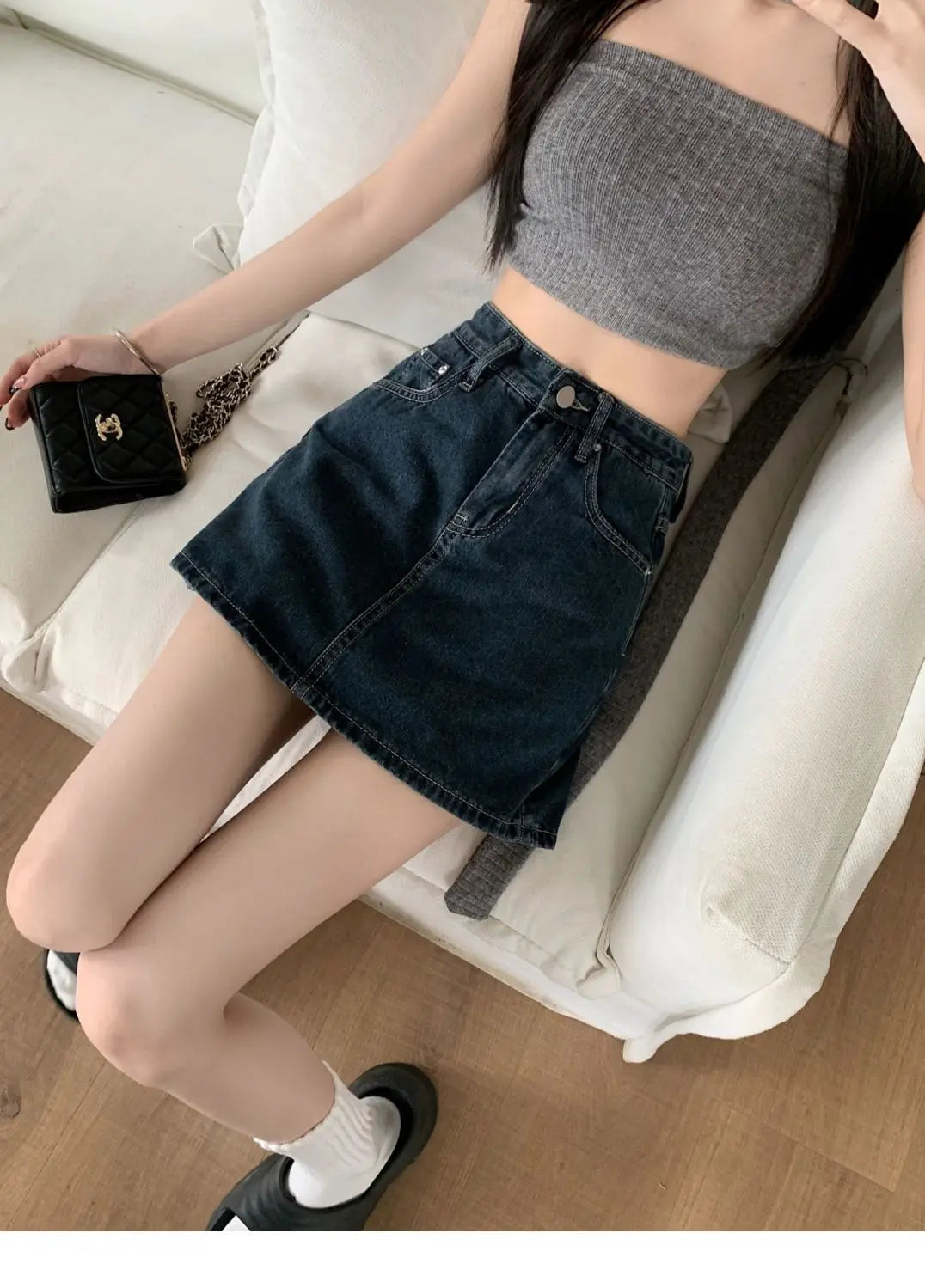 Women's Y2K High-Waist Mini Skirt Deep Blue Denim Spring Summer Slimming Flattering Wrap Around Skirt for Full Coverage