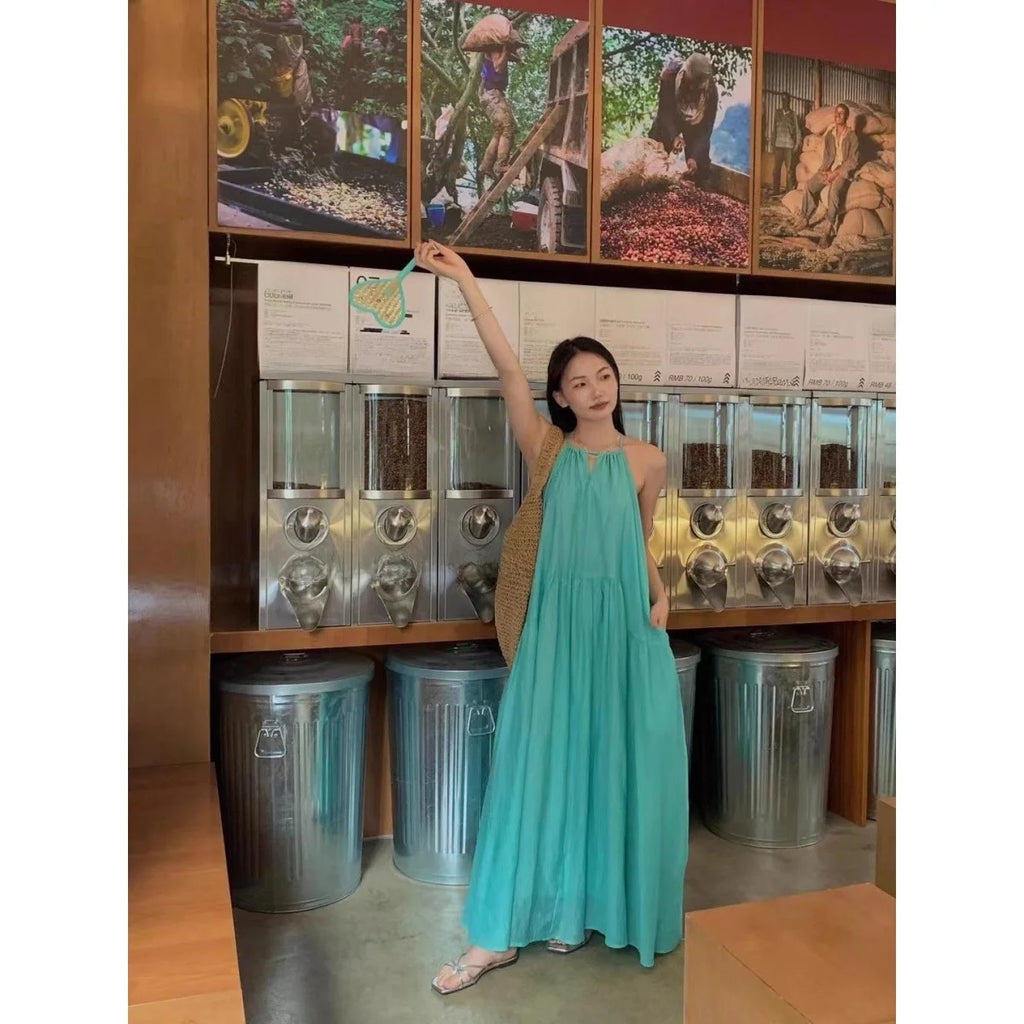 Summer Hollow out Strap Dress Women's Beach Vacation Style Beach Skirt Pleated Lazy Loose Long Dress Loose Waist Design