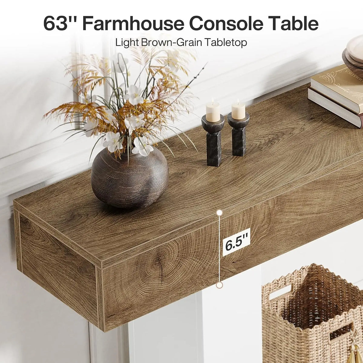 63" Farmhouse 2-Tier Console Table with U-Shaped Base, Narrow Long Wood Sofa Table for Entryway Living Room Hallway, Brown & Whi