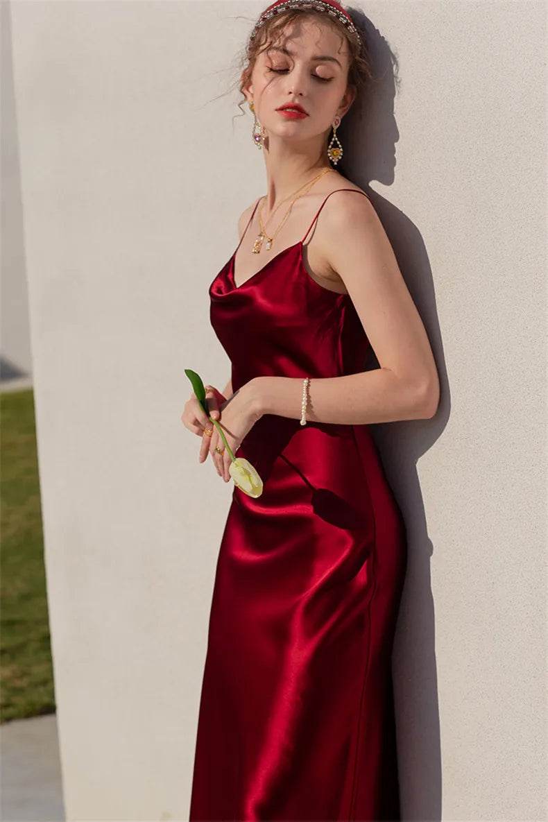 Sexy Spaghetti Strap Burgundy Vintage artificial silk Party Dresses Summer Women Satin Slip Dress Femme long Robe Vestidos