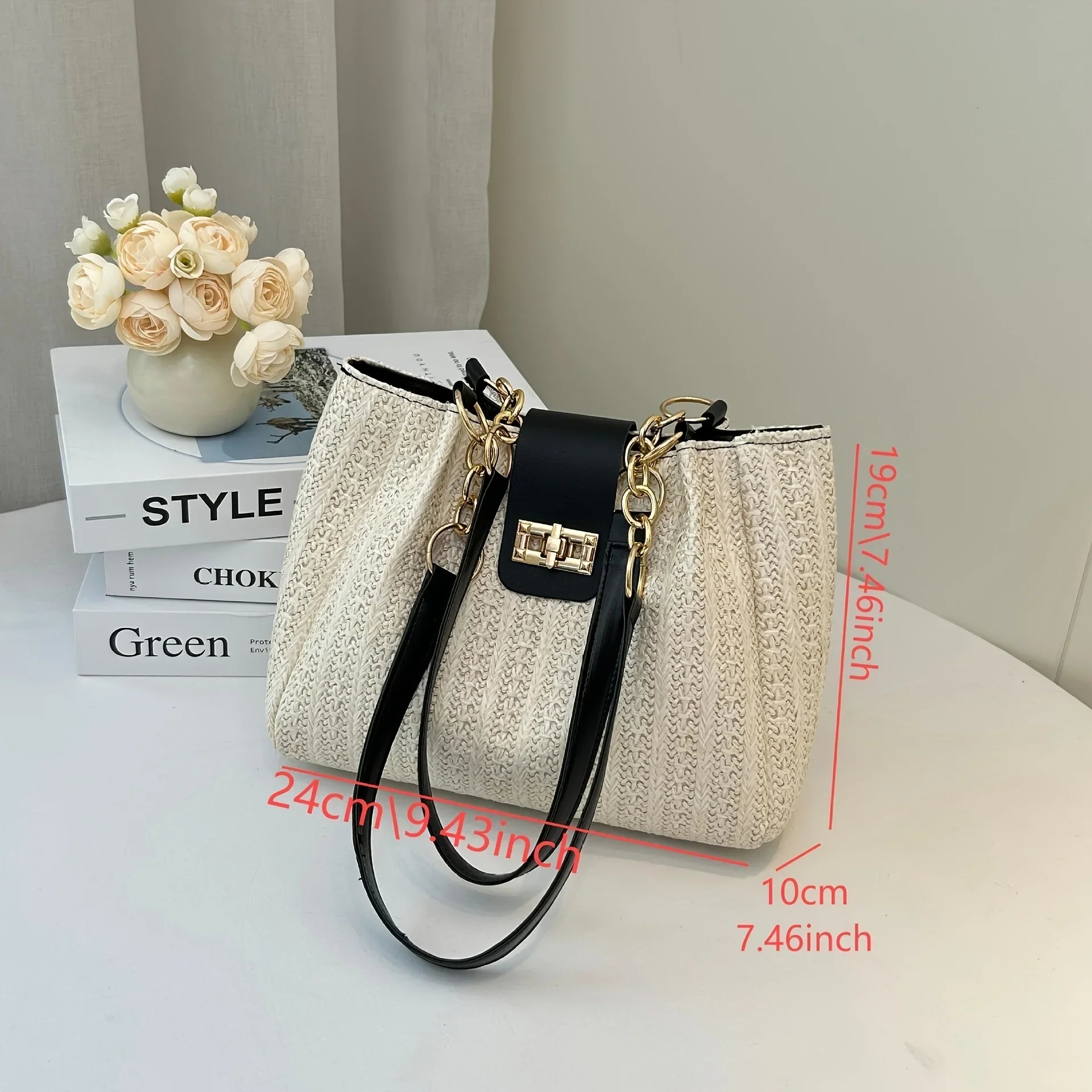 Grass Woven Patchwork Leather Korean Version Shoulder Bag Fashionable Women's Woven Handbag Suitable for Beach Parties Occasion