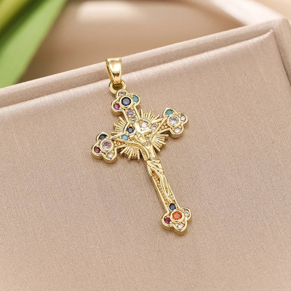 Light Luxury And Cross Colored Zirconium Micro-Paved Zircon Necklace Pendant Personalized Niche Clavicle Chain