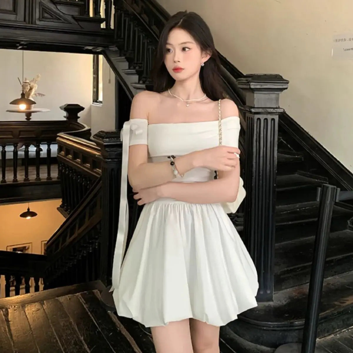 Black Off Shoulder Mini Dress With Bow Decor Ruched Waist Flared Silhouette For Women