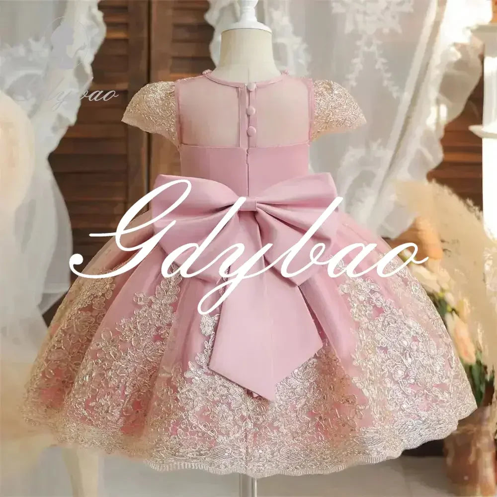 Beading Luxury Short Sleeve Lace Appliques A Line Formal Communion Girl Dress Bow Floor Length Princess Flower Girl Gown New