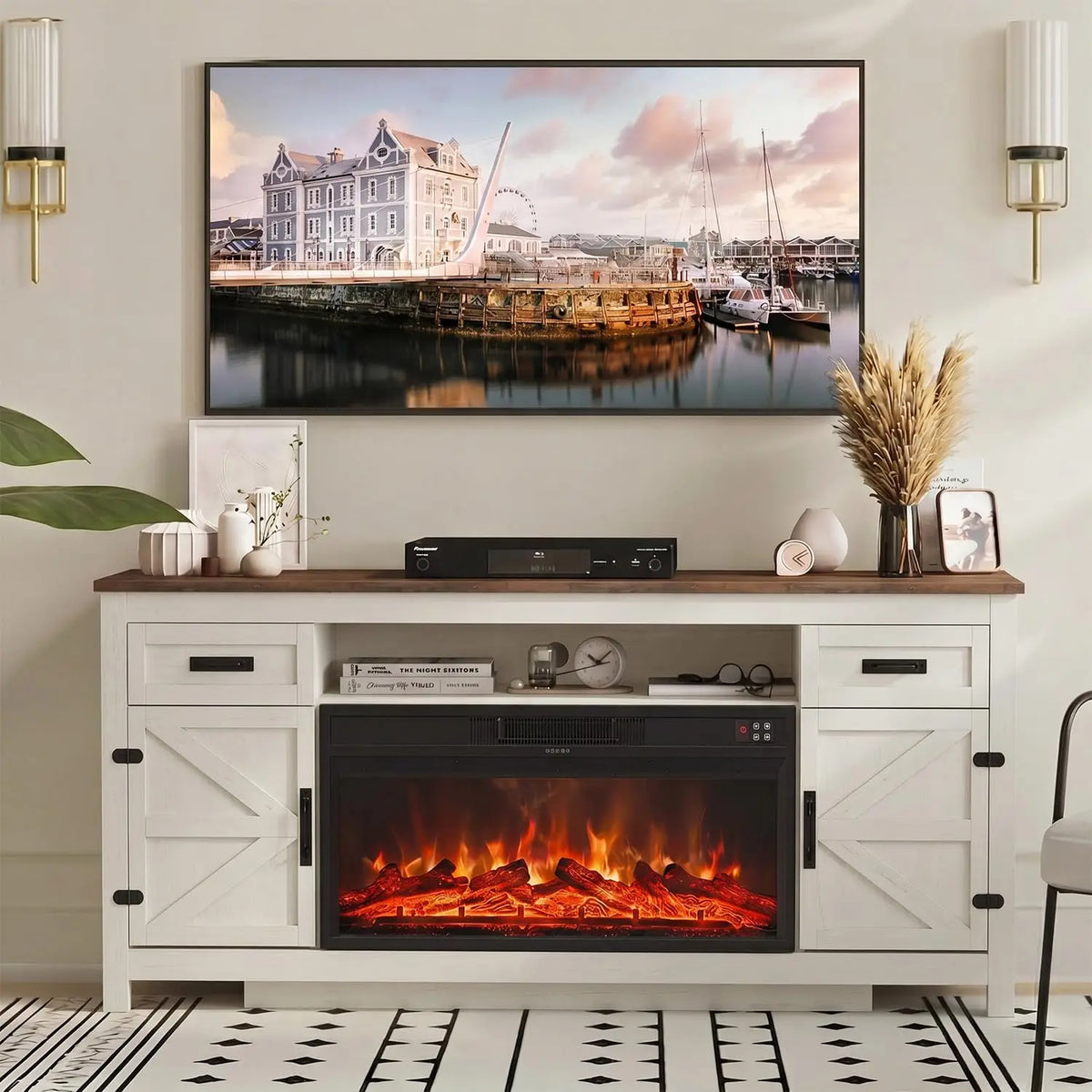 70" Farmhouse Electric Fireplace TV Stand with Barn Doors for 80" TVs