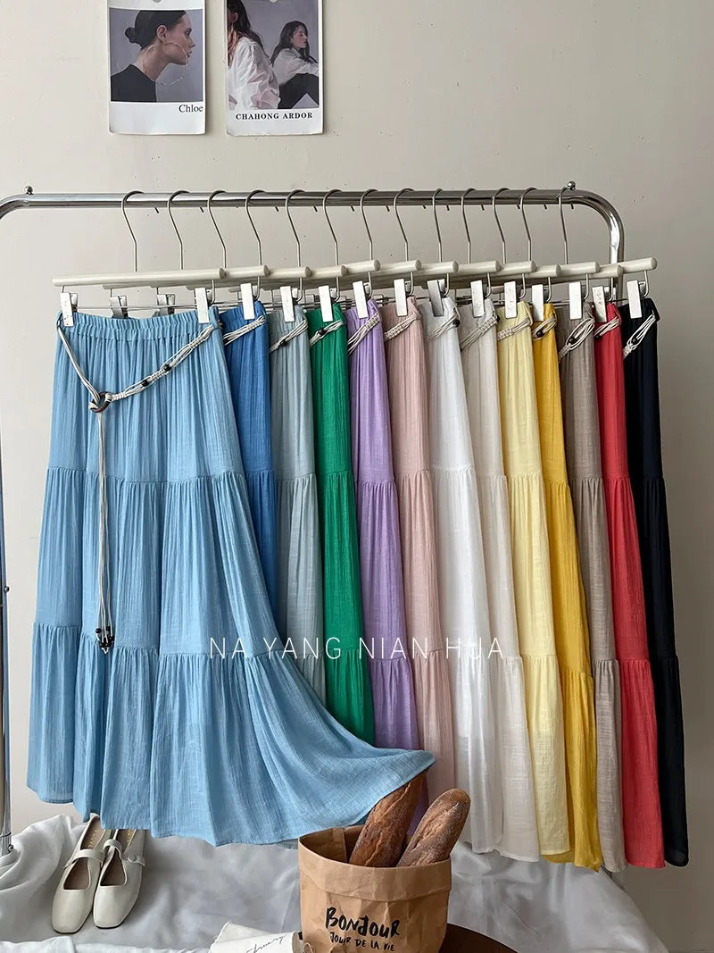 Beiyingni 2025 Summer French Women's Linen Cotton Maxi Skirts Casual Vintage Sashes Korean Long Cake Skirt Female Boho Vacation