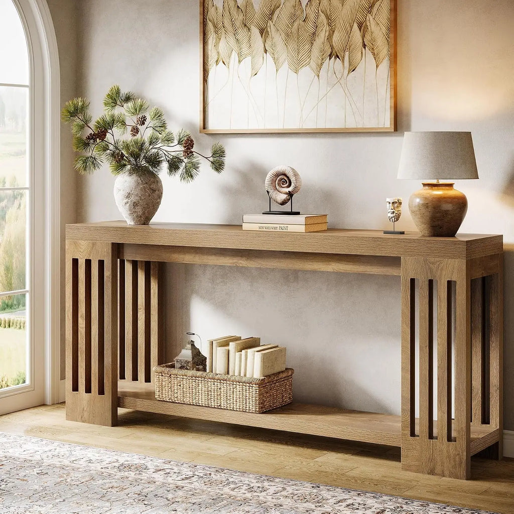 70.9-Inch Extra Long Entryway Table, Farmhouse Sofa Console Table with Vertical Stripe Legs, 2-Tier Entry Furniture for Living R