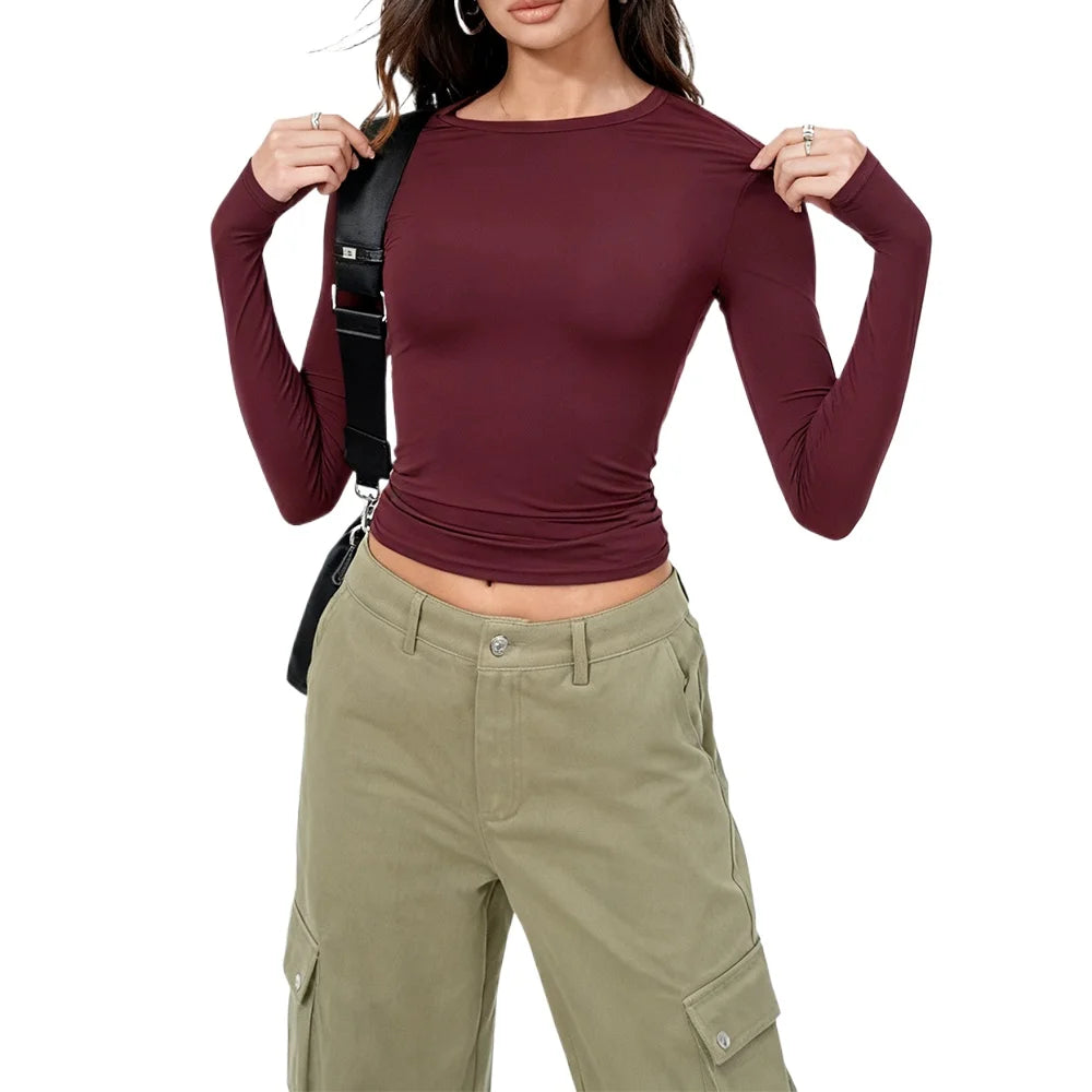 Women Long Sleeve T Shirt Solid Fashion Slim Fit Casual Shirts Female Crew Neck Basic Tee Clothes Streetwear Crop Tops