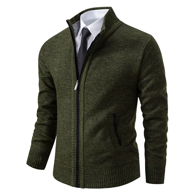 Men's Fleece Zip Cardigan Warm Stand Collar Jacket For Autumn Winter Solid Color Casual Sportswear For Men
