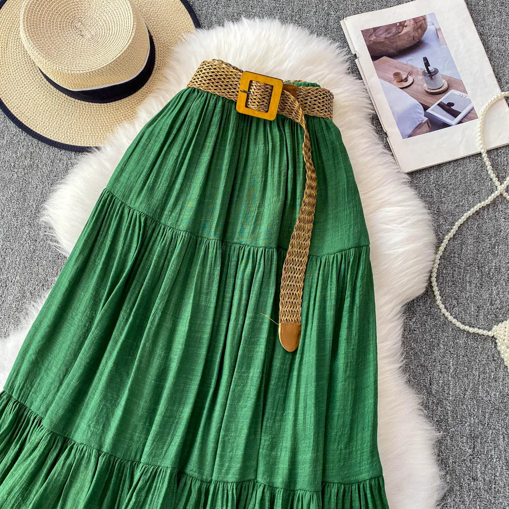 White Casual Mid-Length Puffy Skirt Women's Summer High Waist Slimming Cake Skirt Korean Sle Commute A-Line Skirt