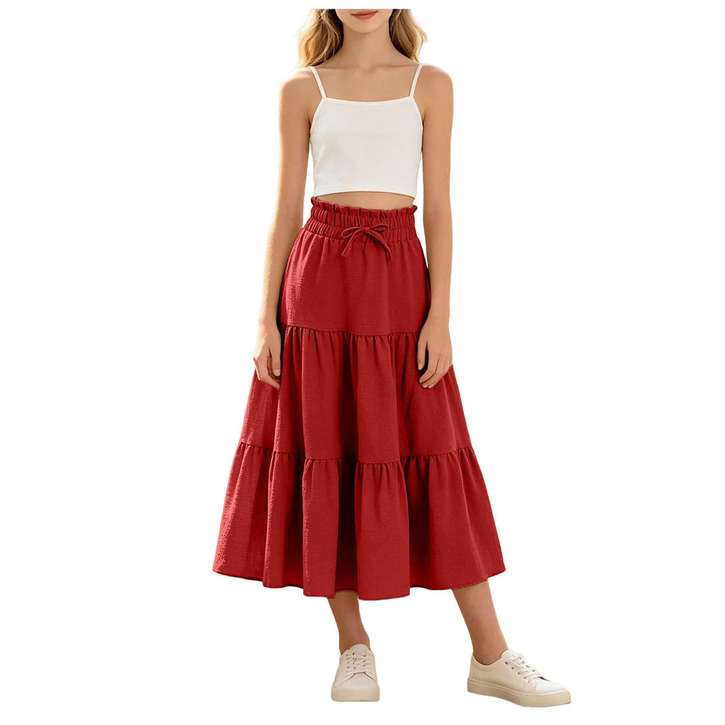 Kids Girls Boho Pleated Long Skirt Summer Solid Elastic Waist Lightweight Large Swing Skirt Casual Beach Holiday Vacation