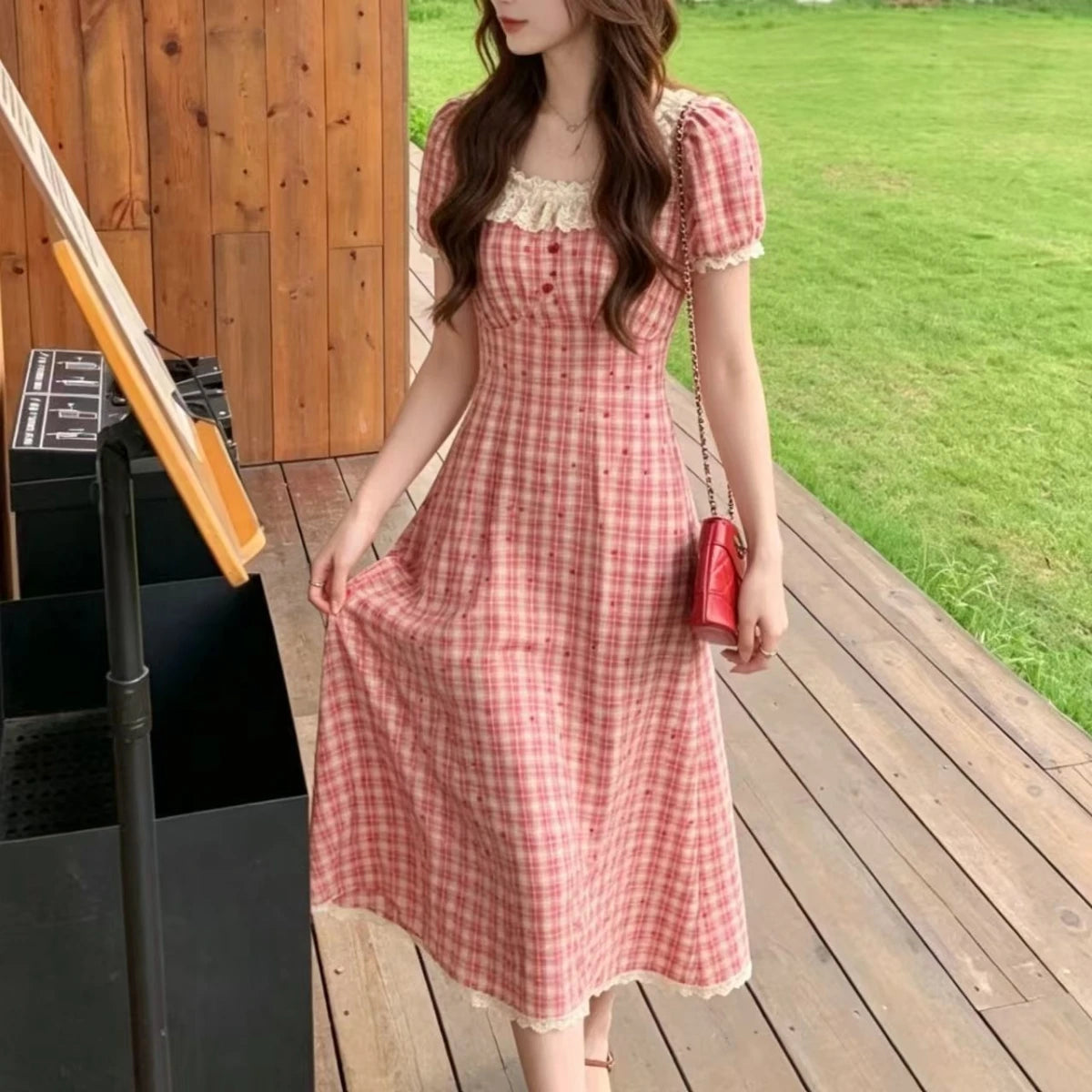 Retro Lace Red Plaid Heart Floral Summer Dress plus Size Waist Cinching Belly Covering Slimming Long A-Line Skirt Dress