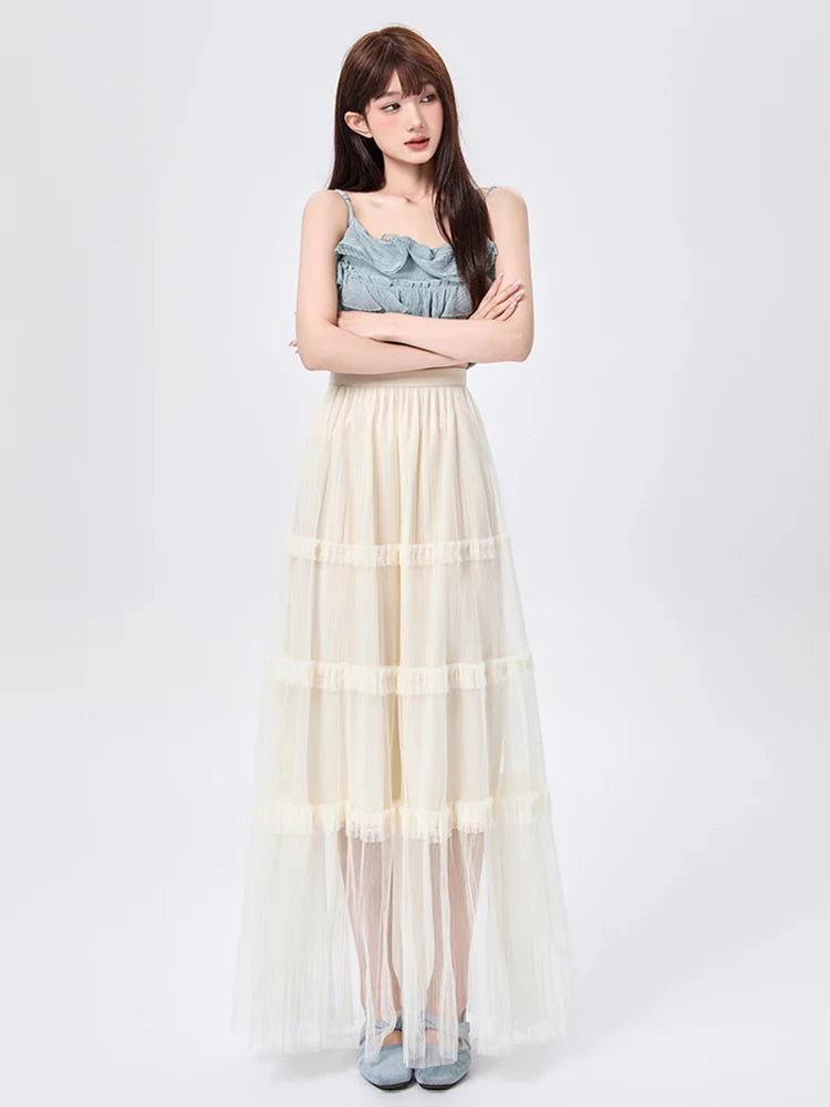 Women's Skirt Spring Summer Tiered Tulle High Waist Ruffle Hem A-Line Pleated Maxi Layered Mesh Cake Skirt Female Faldas SK120