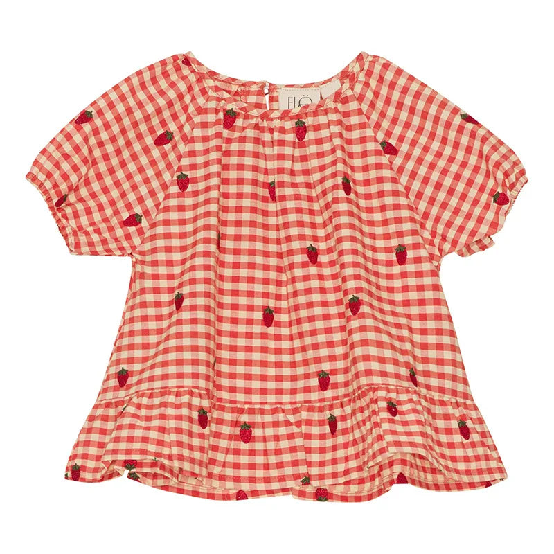 Girls Plaid Strawberry Cotton Dress & Shorts Set | Summer Outfit