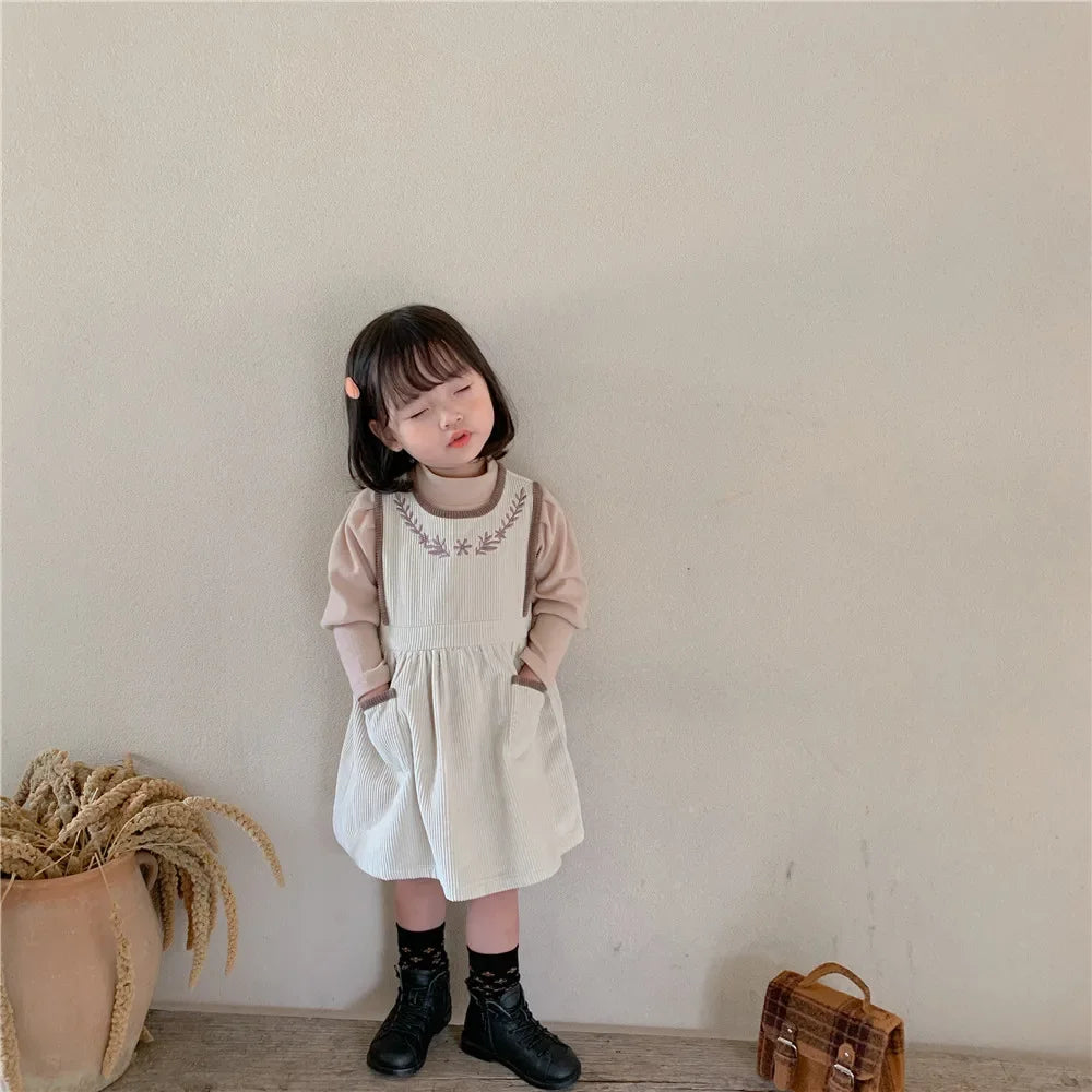 2025 Vinatge Baby Corduroy Sleeveless Dress Little Girls Sundress and Long Sleeve Tops Autumn Winter  Two Piece Set Children