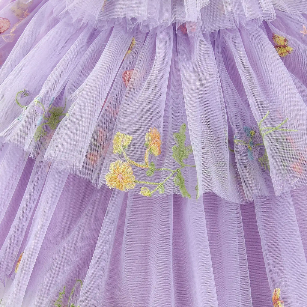 Summer Kids Clothes Girls Floral Embroidery Mesh Dress 1-5Y Children Spaghetti Strap Princess Tutu Dress Beach Wear