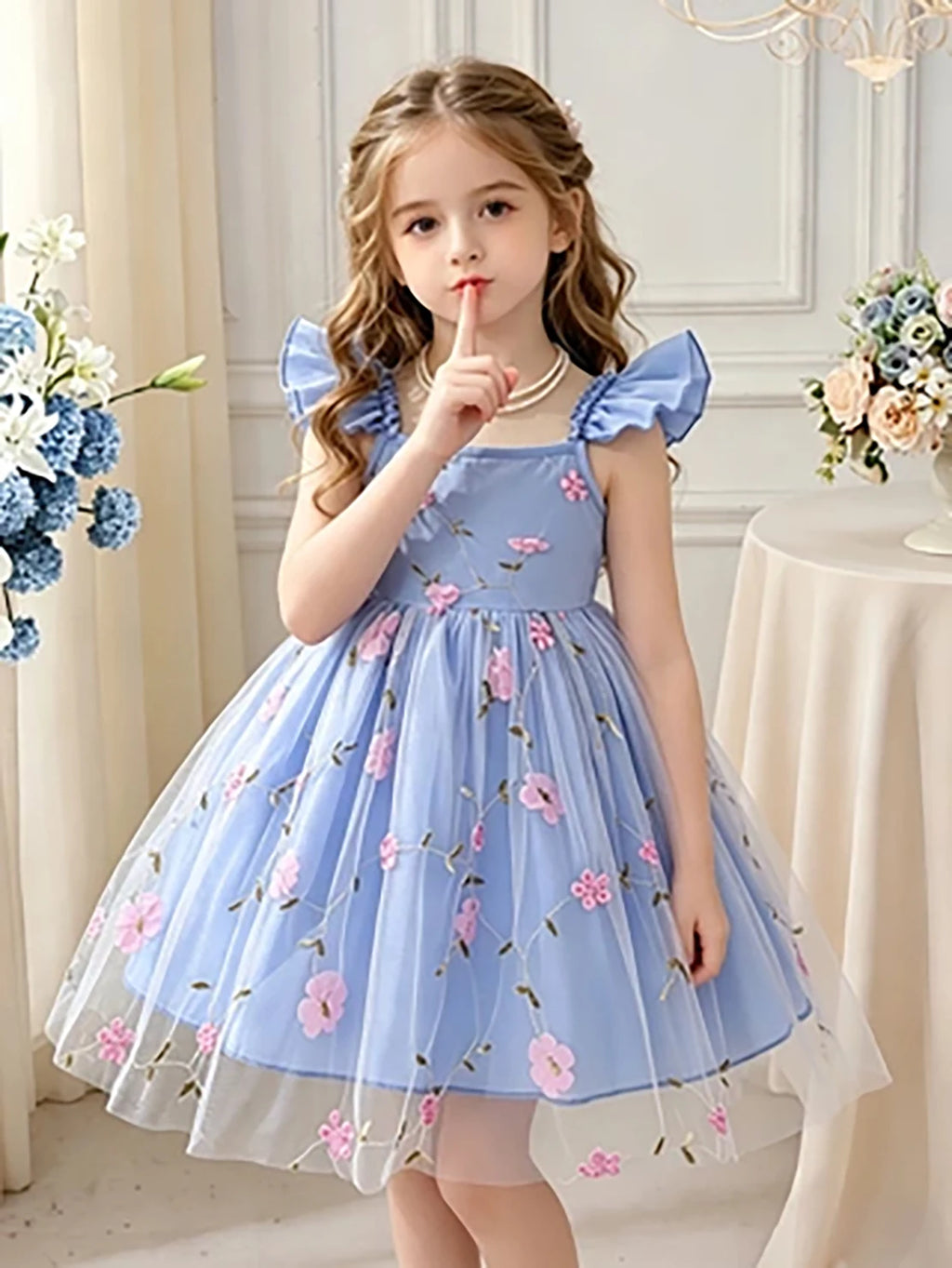 Girls' Blue & Pink Contrast Floral Tulle Princess Dress, Summer Flutter Sleeve Spaghetti Strap Puffy Skirt