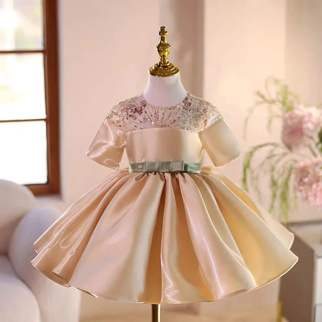 Dreamy Vow D035 Shiny O-Neck Beading Tulle Pink Flower Girl Dress Short Sleeves for Kids Wedding Birthday Party Short Ball Gown