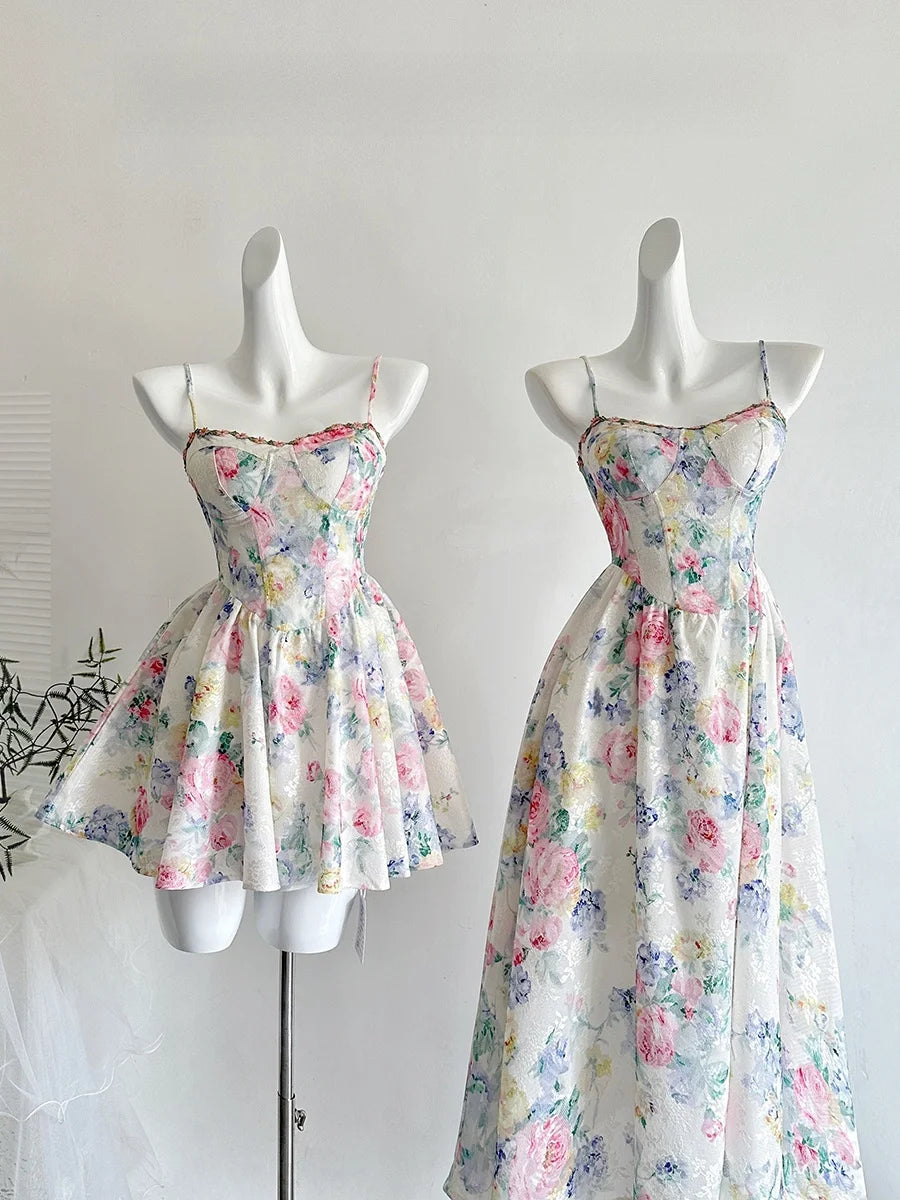 Sweet Pure Desire Style Women's Floral Print Halter Dress Slimming Waist Design Casual Summer Polyester Fiber Gown