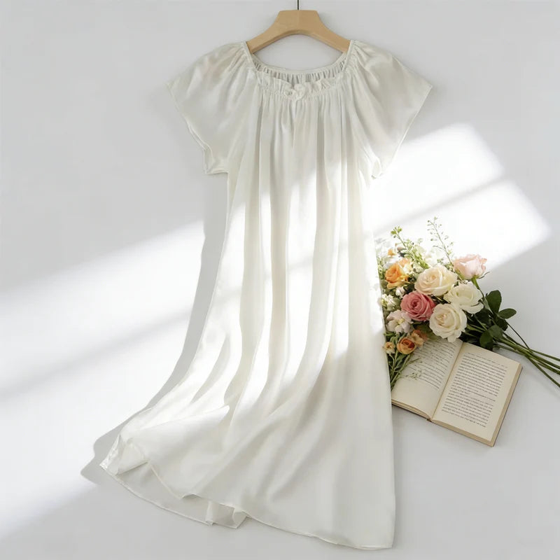 Women's Summer Casual Clothing 100% Natural Mulberry Silk Plain Satin Loose Short Sleeved Solid Color Princess Nightdress
