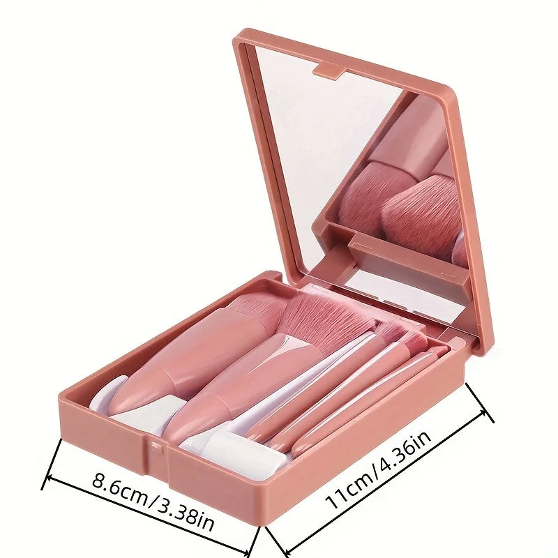 Liplns 5-Piece Portable Makeup Brush Set with Mirror - Travel Kit
