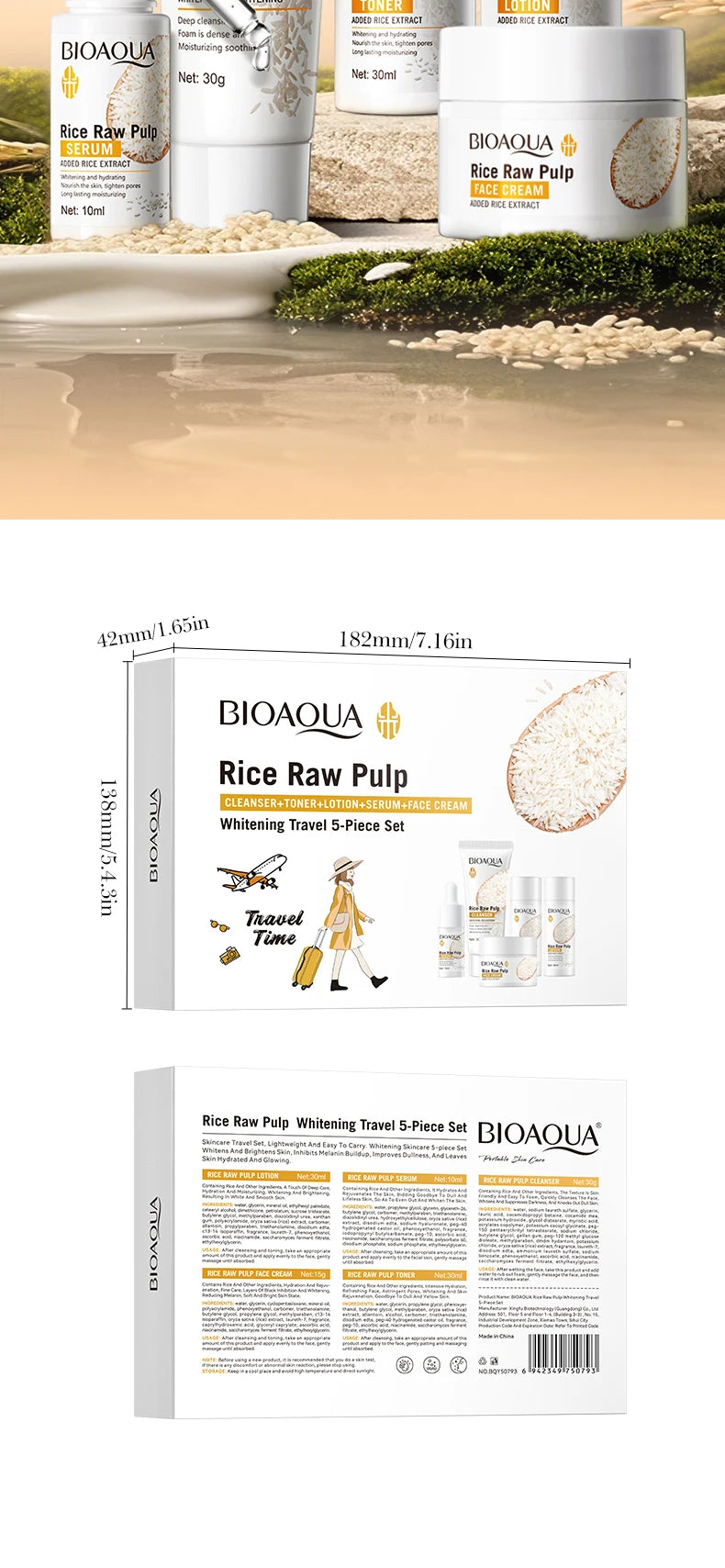 Rice Puree Skin Care Set & Soap Whitening Brighten Hydrating Moisturize Facial Cleanser+Toner+Essence+Lotion+Cream Skincare