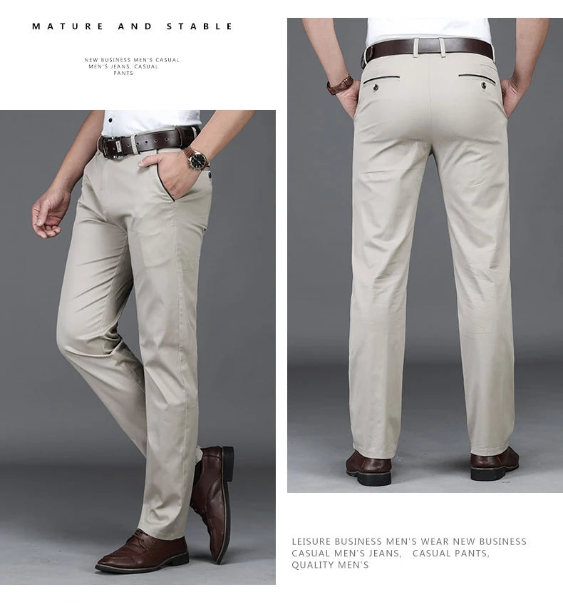 Classic Style Summer Men's Thin Cotton Casual Pants Business Fashion Stretch Loose Straight Beige Trousers Male Brand Clothes