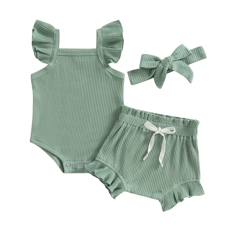 0-18M Summer Lovely Toddler Baby Girls Boys Clothes Sets Solid Knit Ruffles Sleeve Bodysuit Romper Tops Shorts 2Pcs Clothes