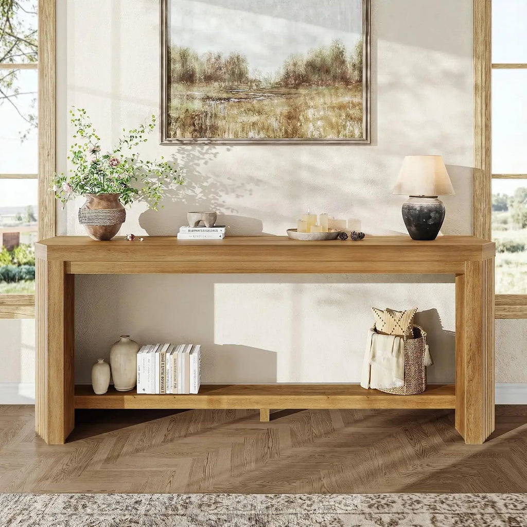 70" Console Table, Narrow Long Sofa Table with Open Storage, Easy Assembly for Entryway & Living Room, Light Brown, Customized