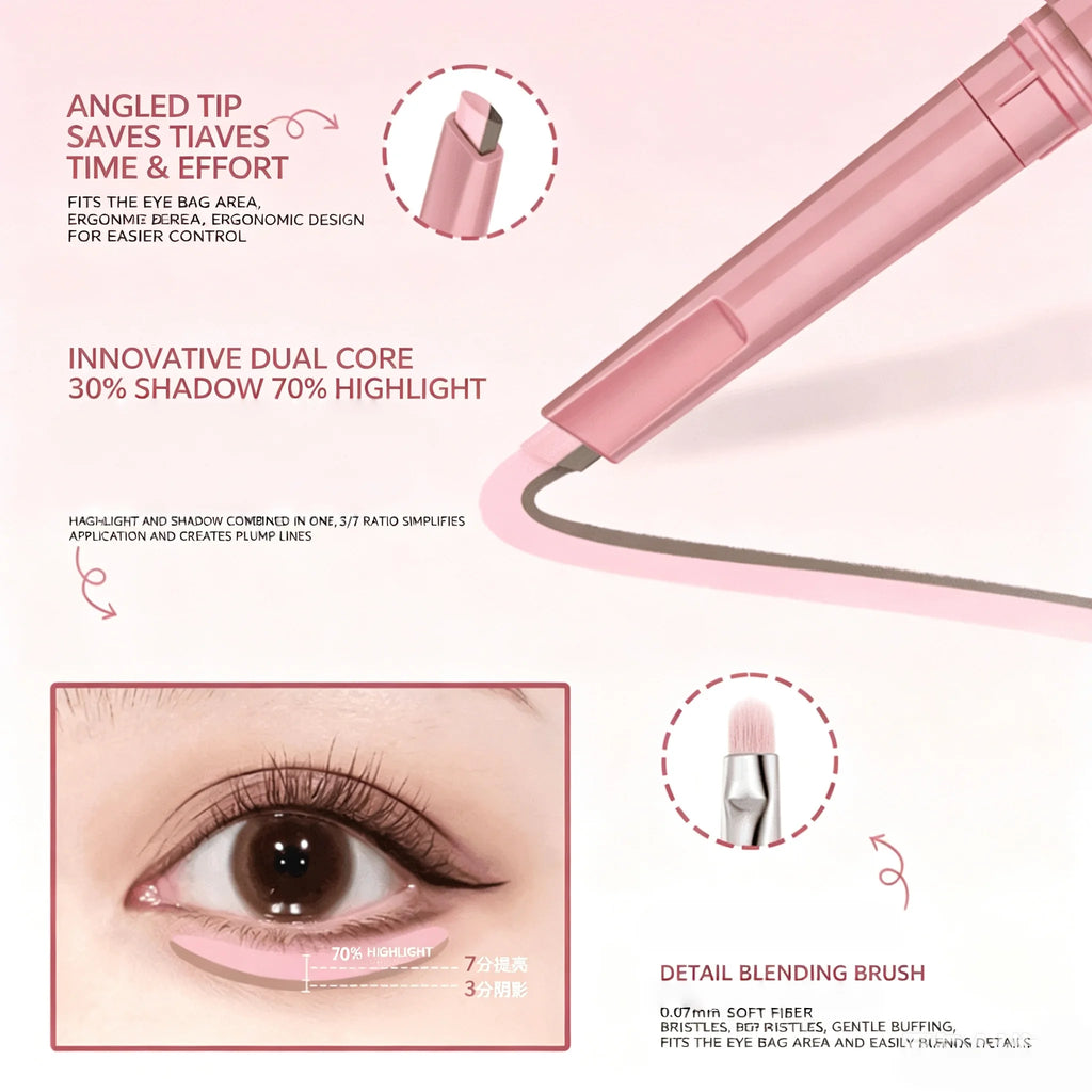 Korean 2 in 1 Ended Lying Silkworm Pen,Bionic Shading Highlighting,Instant Big Eye Effect,Smooth&Smudgeproof&Waterproof,Flat Tip