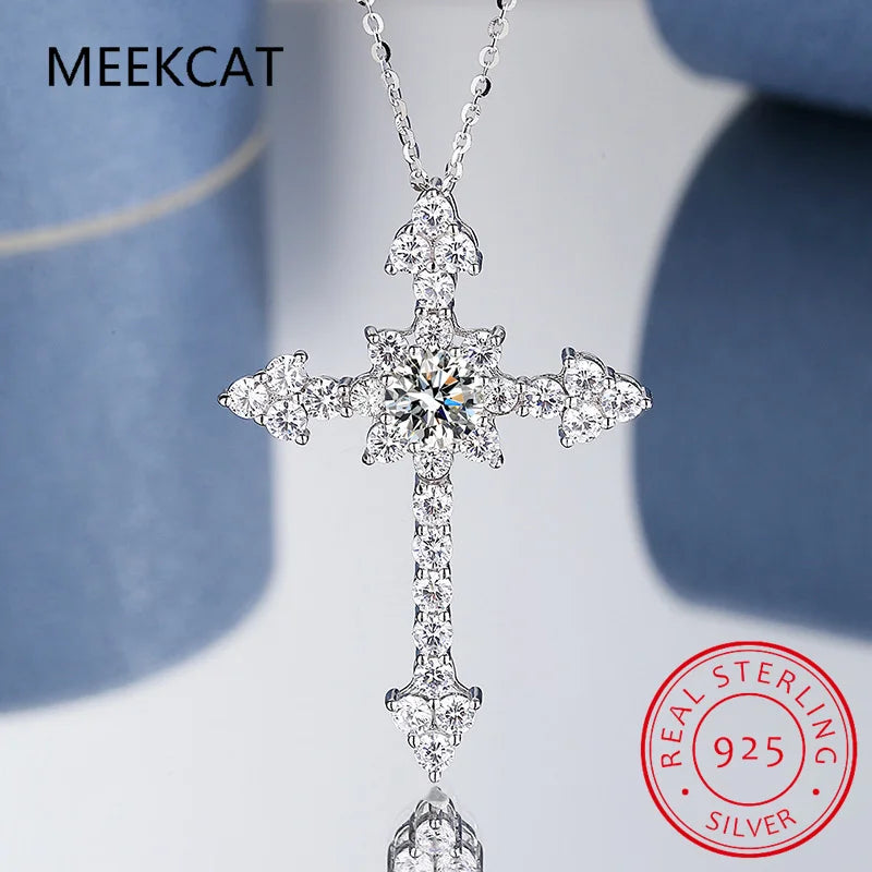 Real Moissanite Diamond Cross Pendant Necklace S925 Silver