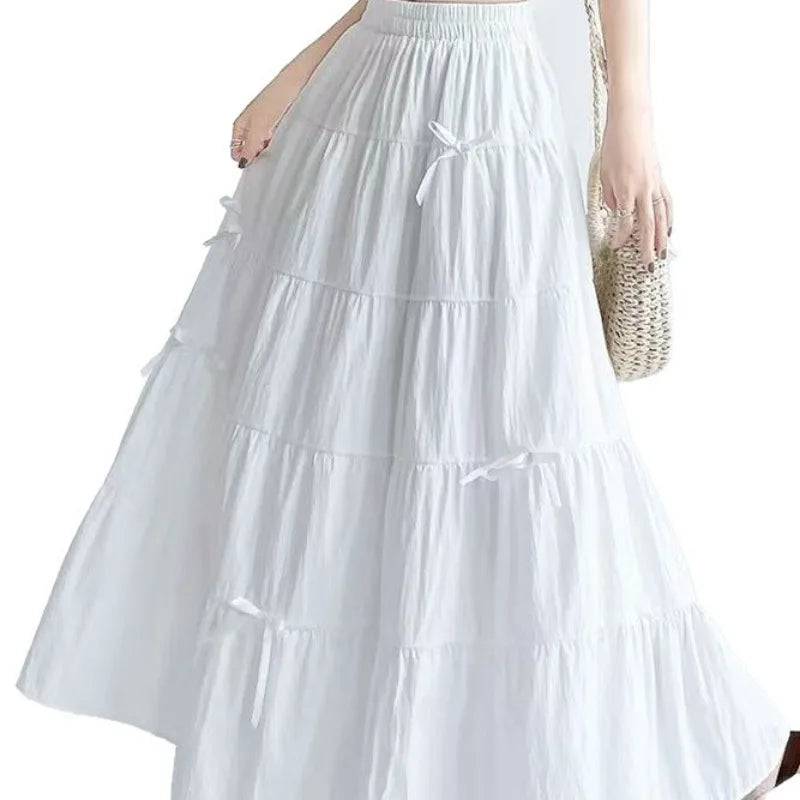2026 New Streetwear Spring Summer Women's Skirts Vintage High Waist Elastic Patchwork White Black Chic Long Cake A-line Skirt