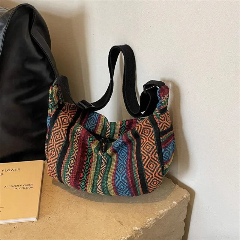 Crossbody Bags Tribal Style Shoulder Bag, Foldable Crossbody Striped Pattern, Flag Theme Hand Washable Edge Painted Lining