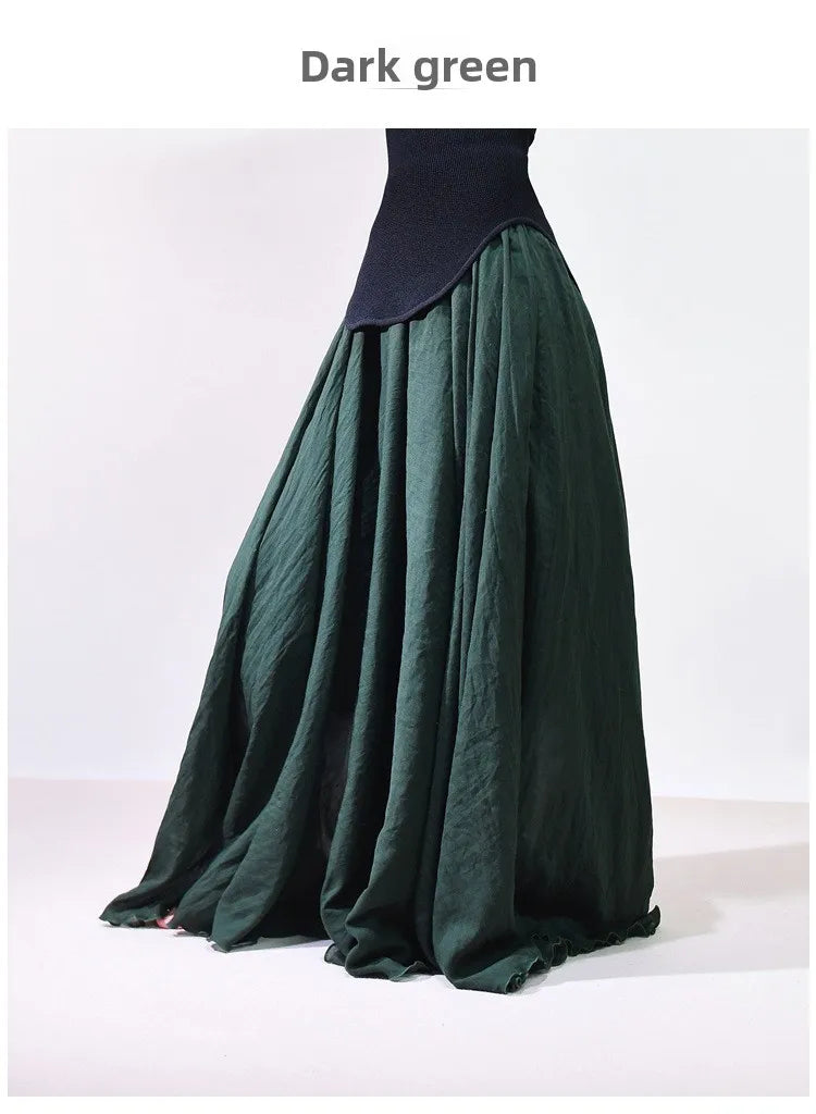 New In 2026 Spring Summer Woman Cotton Linen Midi Skirt Solid Color Loose Flared Pleated A-line Skirt Female Sweet Elegant Skirt