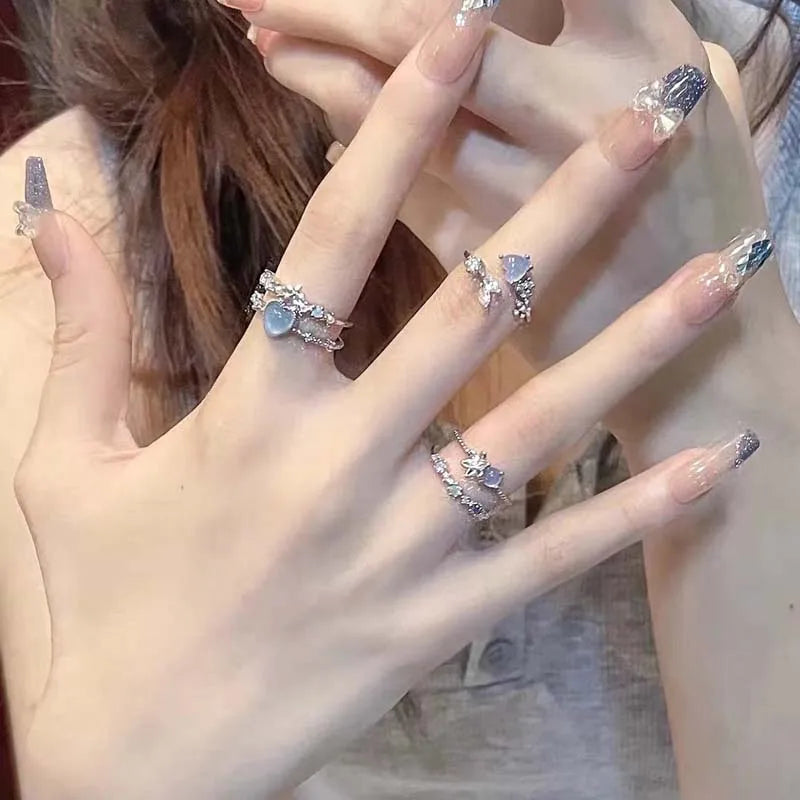 Fashion Blue Opal Heart Rings for Women Kpop Punk Gothic Open Flower Rhinestone Finger Rings Wedding Party Trendy  Jewelry
