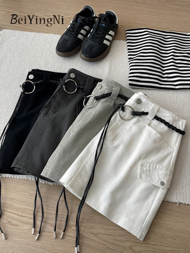 Beiyingni American Style Women's Short Denim Skirt Belt Vintage Fashion Summer High Waist A-line Skirts Female Streetwear Skirt