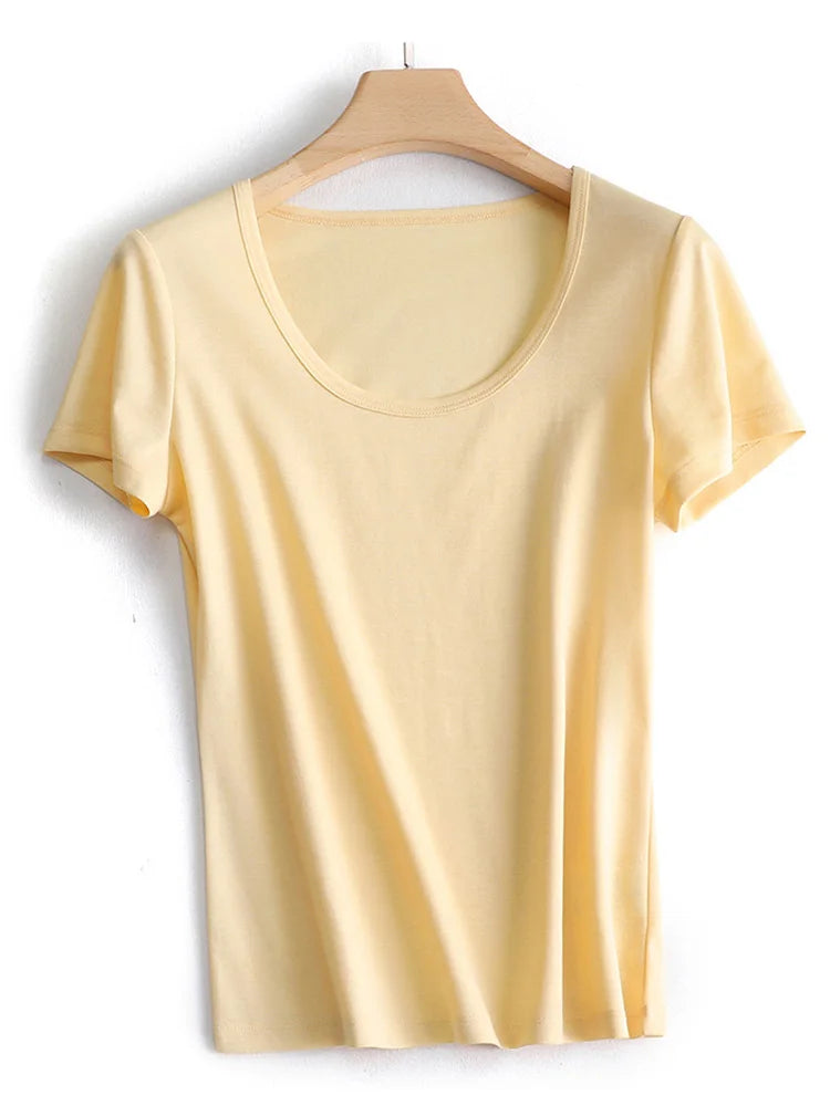 SuyaDream 2022 Woman Summer Tee Silk Acetate Blend U Neck Slim Waisted Solid Cosy T Shirt Candy Colors Top